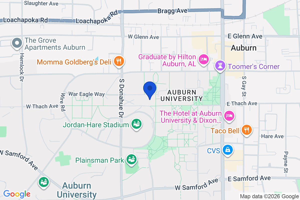 Map showing the location of Auburn University in Auburn, AL