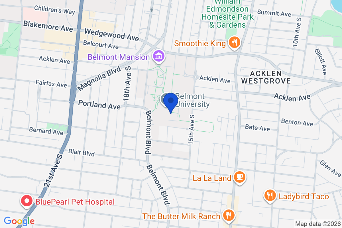Map showing the location of Belmont University in Nashville, Tennessee
