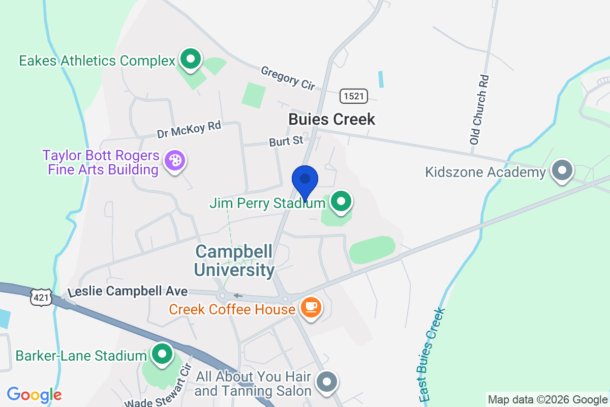 Map showing the location of Campbell University in Buies Creek, North Carolina