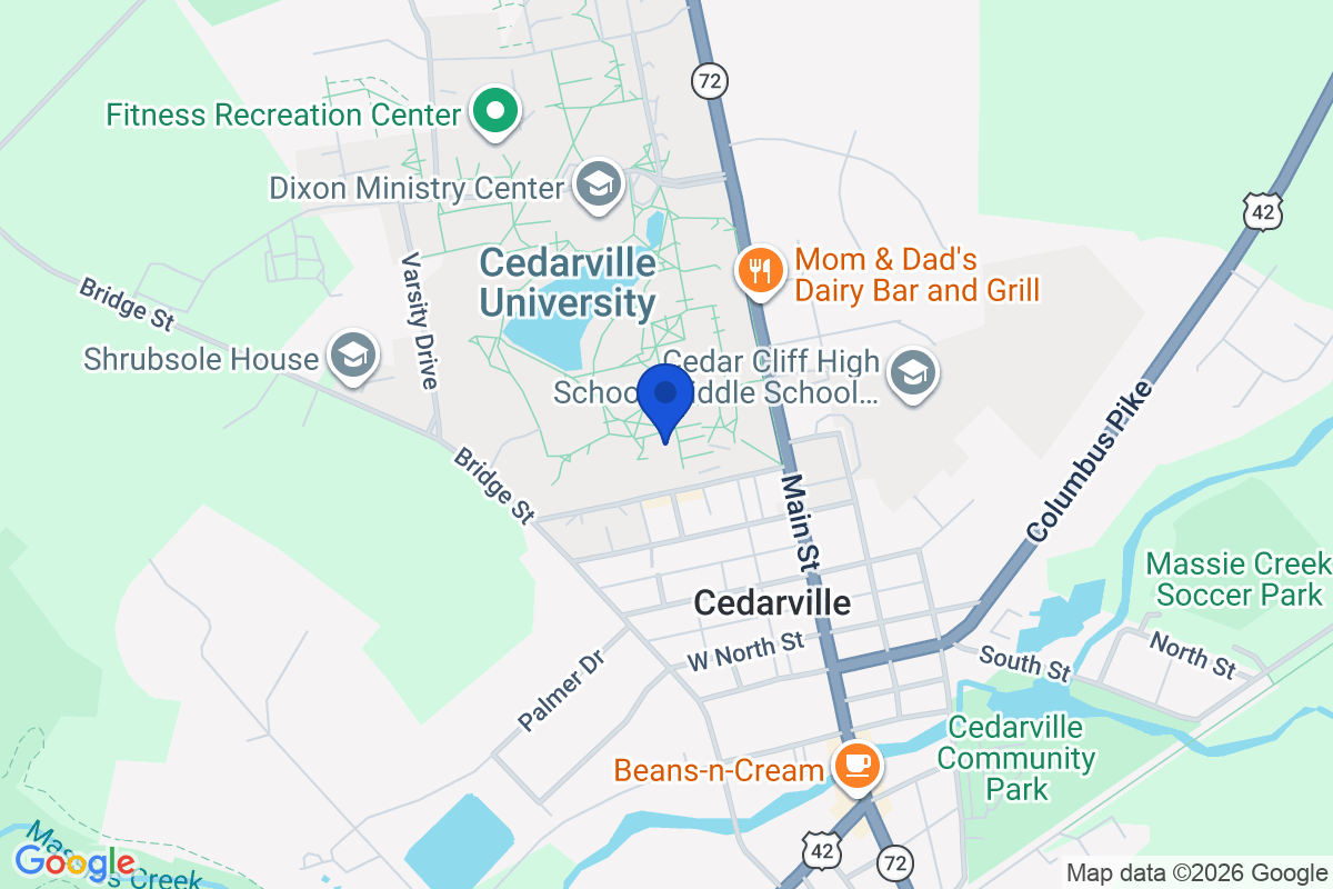 Map showing the location of Cedarville University in Cedarville, Ohio