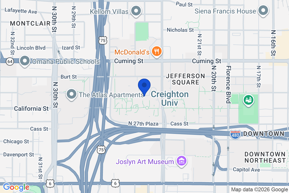 Map showing the location of Creighton University in Omaha, Nebraska