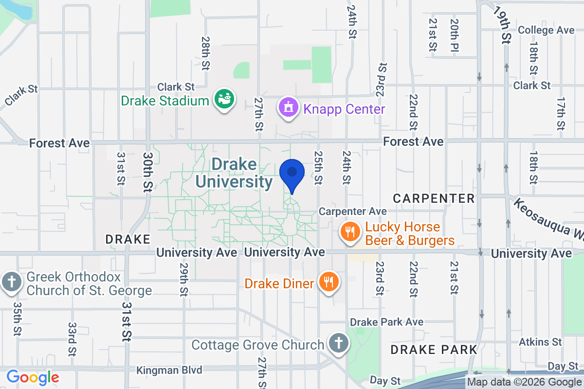 Map showing the location of Drake University in Des Moines, Iowa