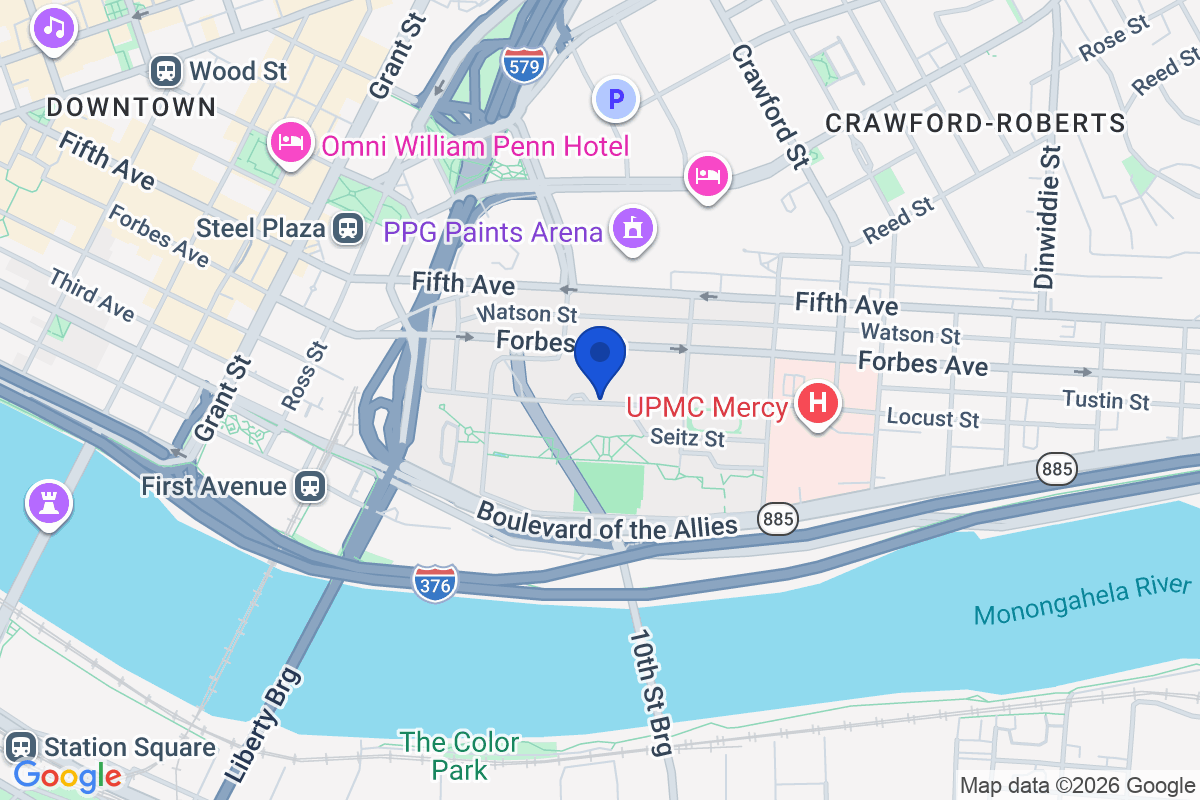 Map showing the location of Duquesne University in Pittsburgh, Pennsylvania