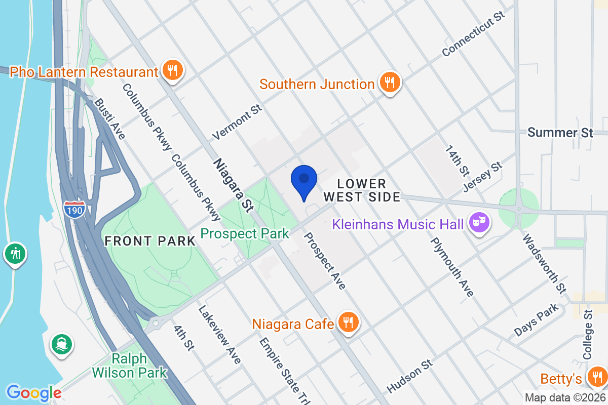 Map showing the location of D’Youville University in Buffalo, New York