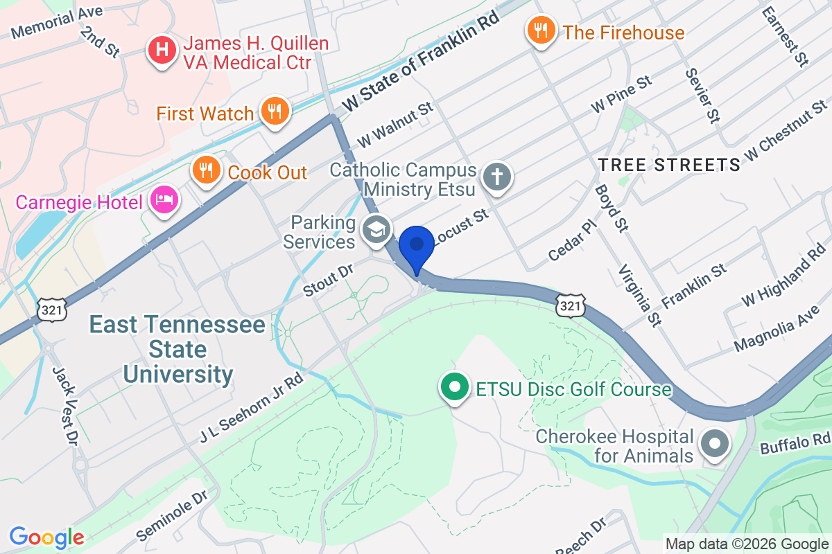 Map showing the location of East Tennessee State University in Johnson City, Tennessee