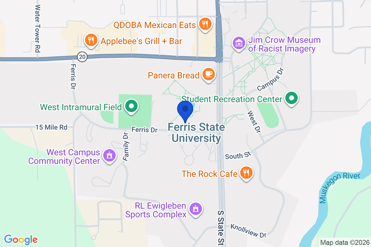 Map showing the location of Ferris State University in Big Rapids, Michigan