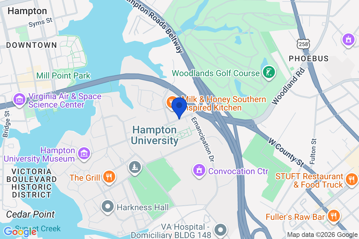 Map showing the location of Hampton University in Hampton, Virginia