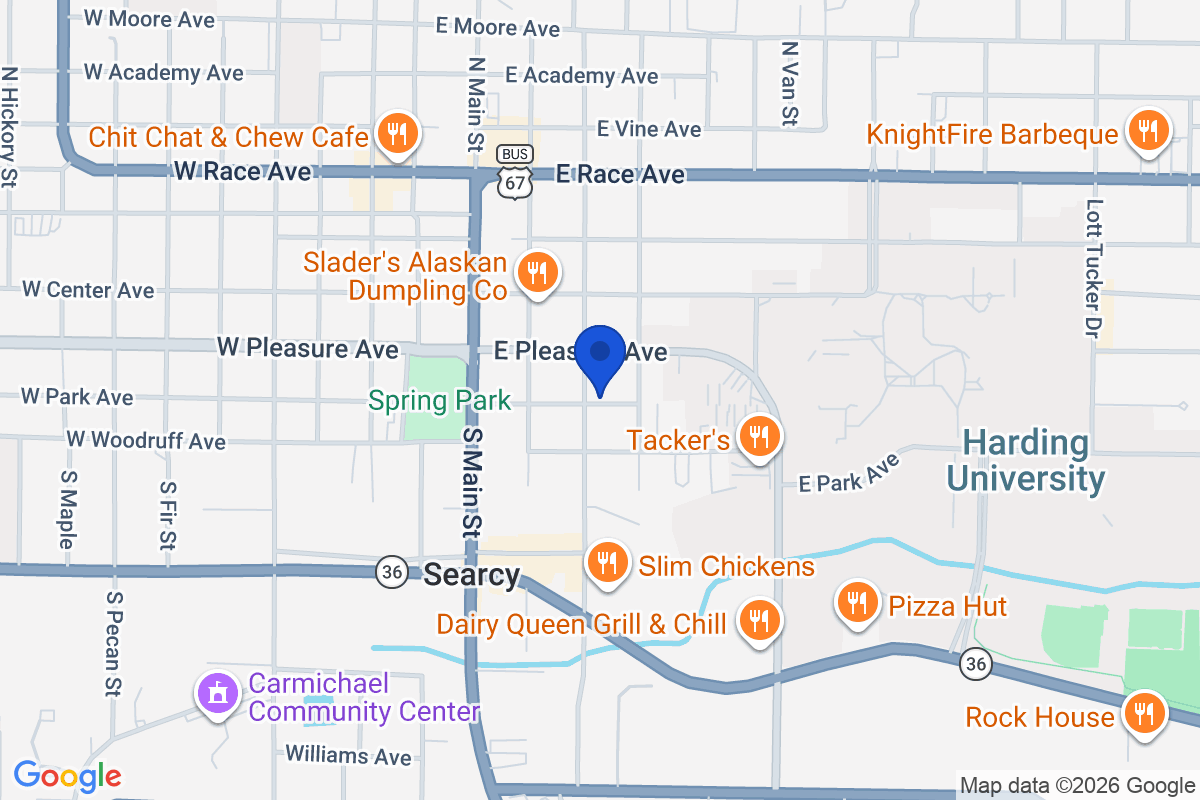 Map showing the location of Harding University in Searcy, Arkansas