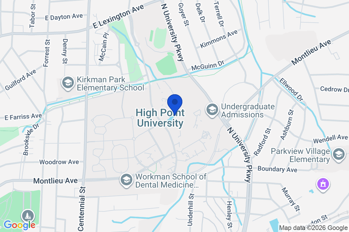Map showing the location of High Point University in HIgh Point, North Carolina