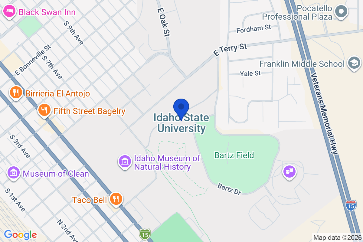Map showing the location of Idaho State University – Pocatello and Meridian, ID in Pocatello, Idaho