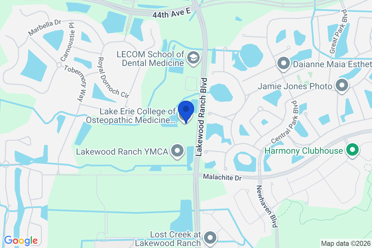 Map showing the location of Lake Erie College of Osteopathic Medicine – Bradenton Campus in Bradenton, Florida