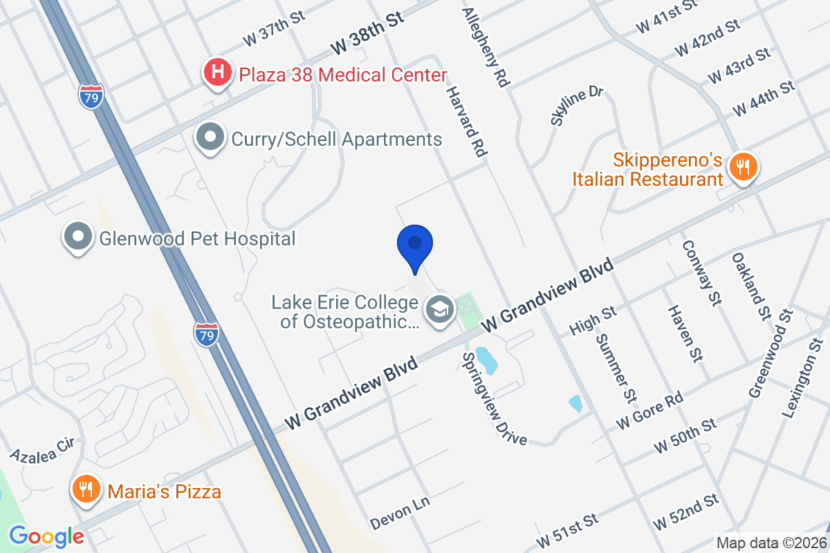 Map showing the location of Lake Erie College of Osteopathic Medicine – Distance Education Pathway in Erie, Pennsylvania