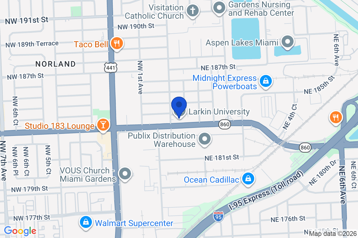 Map showing the location of Larkin University in Miami, Florida