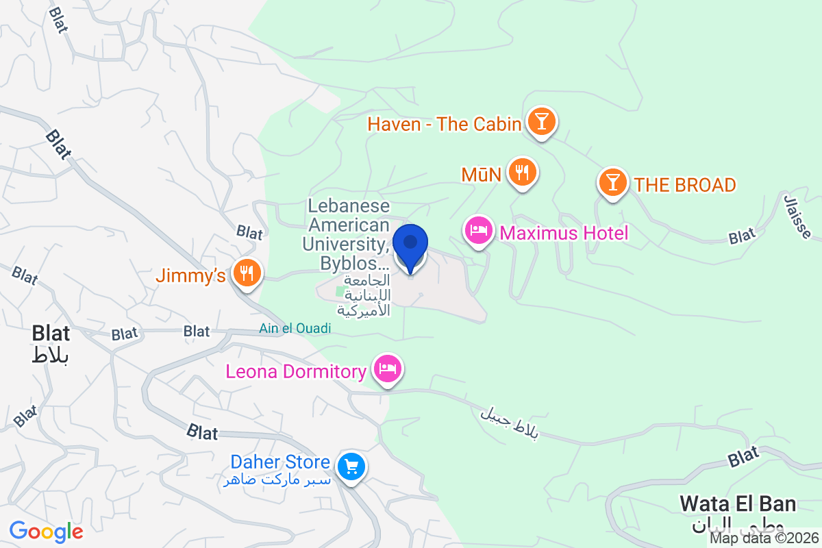 Map showing the location of Lebanese American University in Blat, Lebanon