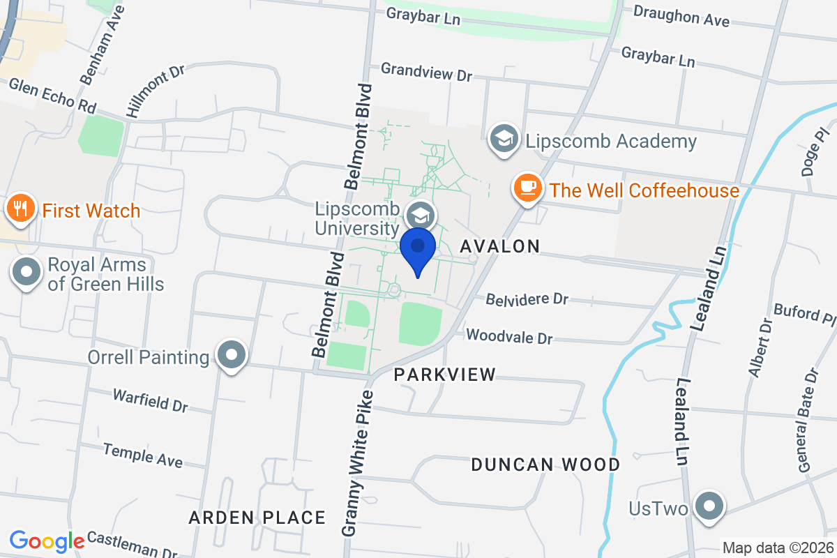 Map showing the location of Lipscomb University in Nashville, Tennessee