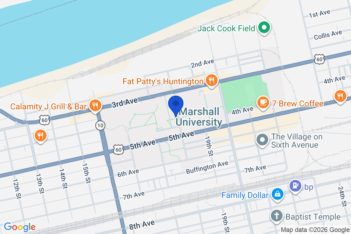 Map showing the location of Marshall University in Huntington, West Virginia