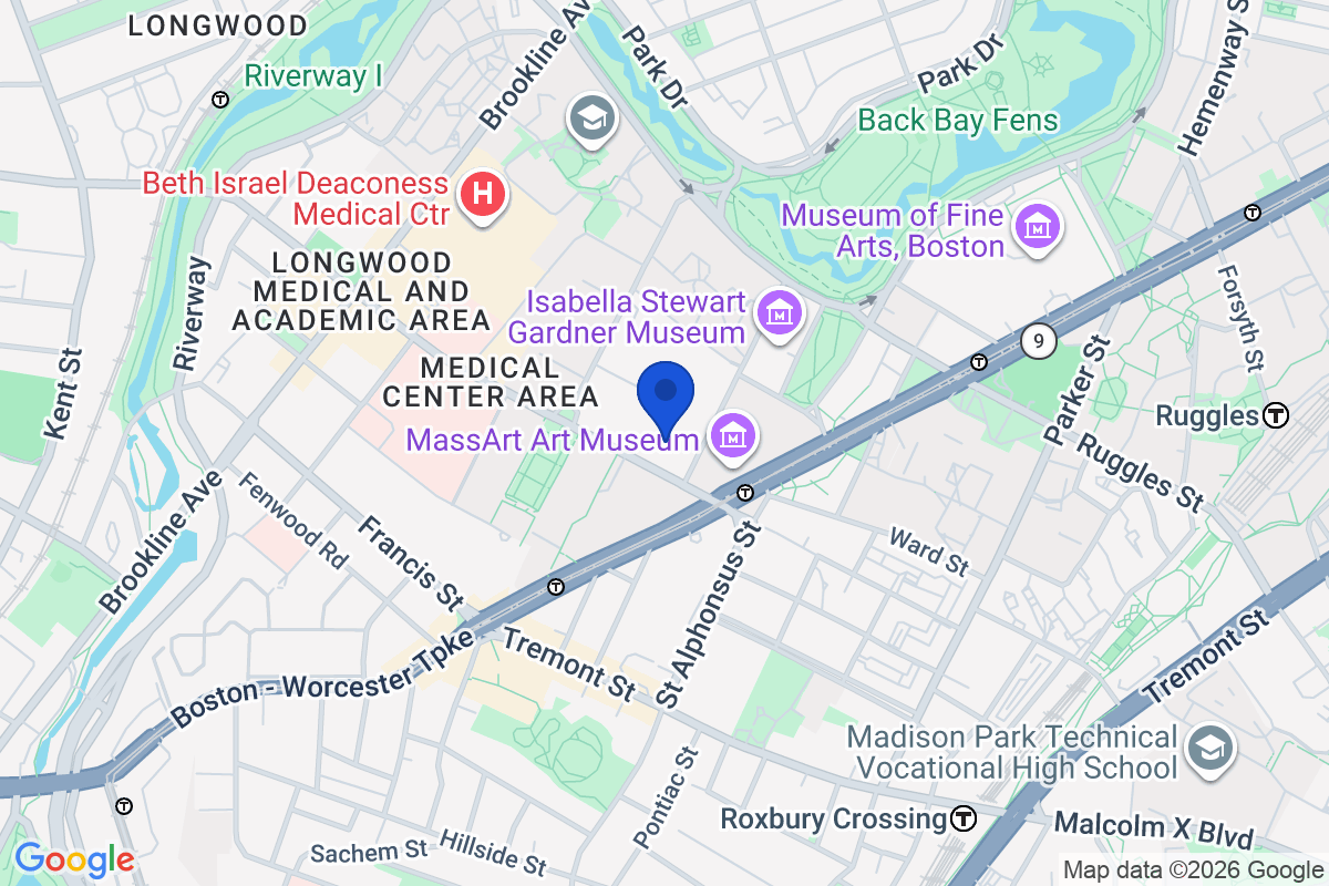 Map showing the location of Massachusetts College of Pharmacy and Health Sciences – Boston, MA in Boston, Massachusetts