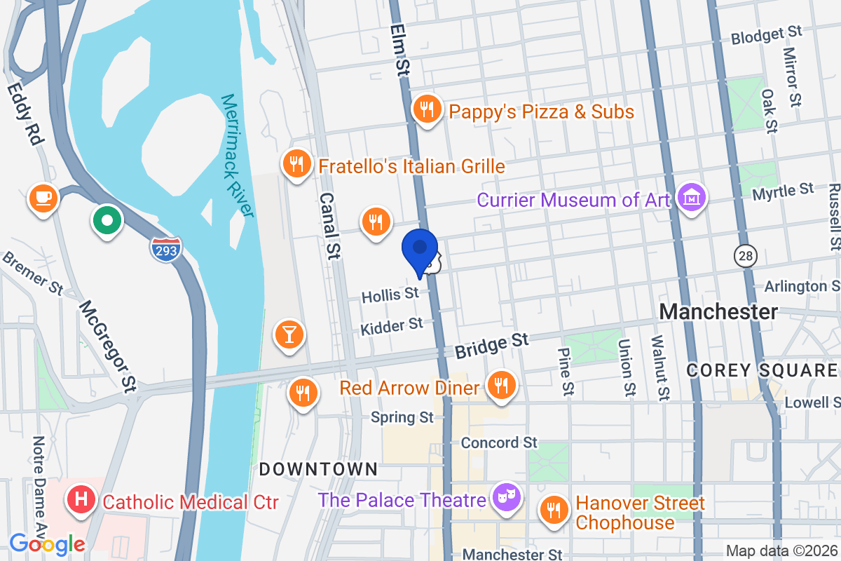Map showing the location of Massachusetts College of Pharmacy and Health Sciences – Manchester, NH in Manchester, New Hampshire