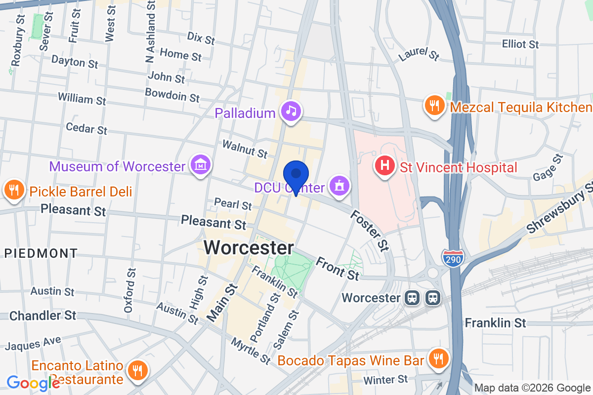 Map showing the location of Massachusetts College of Pharmacy and Health Sciences – Worcester, MA in Worcester, MA