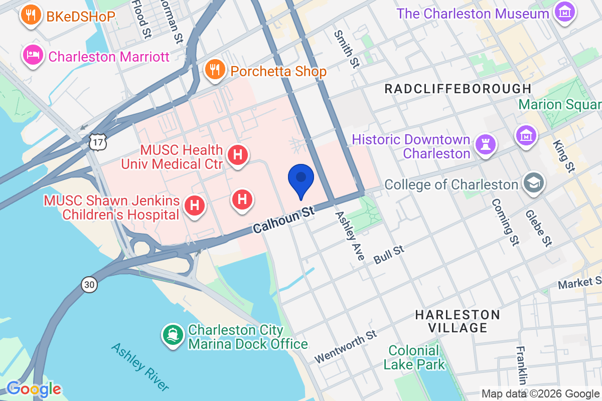 Map showing the location of Medical University of South Carolina in Charleston, South Carolina