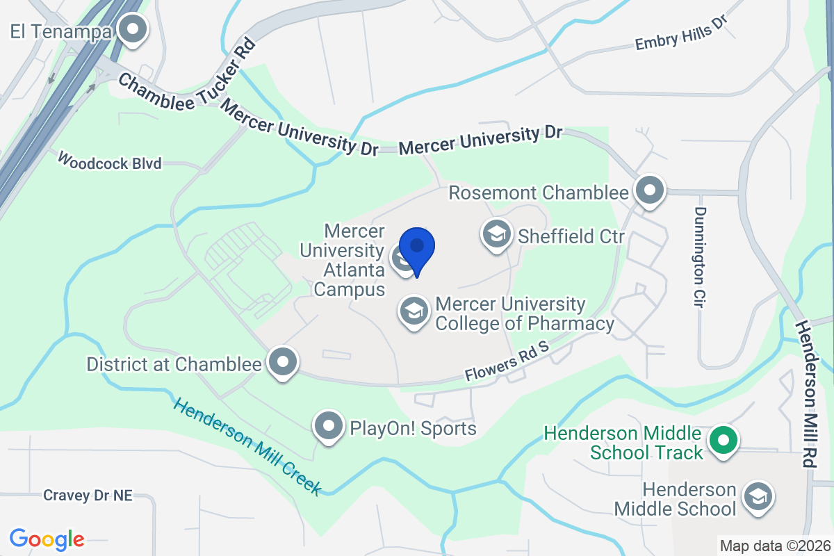 Map showing the location of Mercer University in Atlanta, Georgia