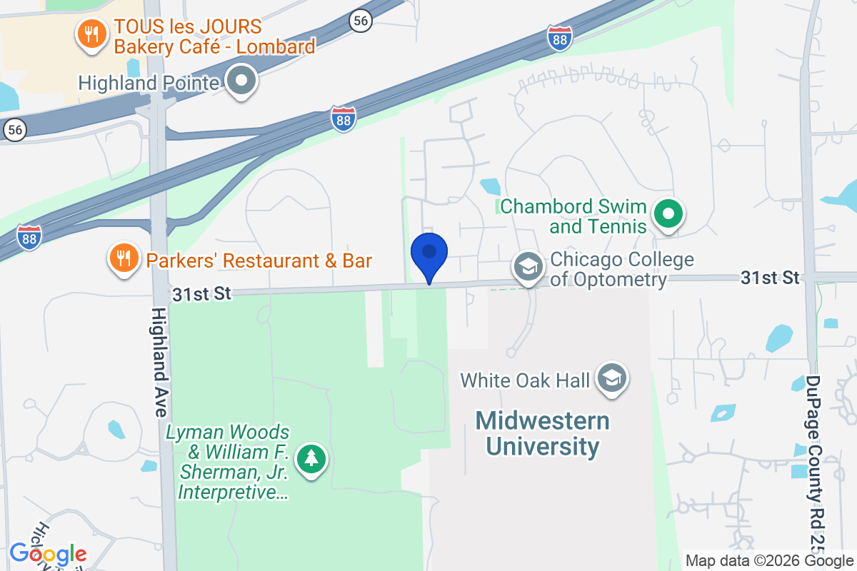 Map showing the location of Midwestern University – Downers Grove Campus in Downers Grove, IL
