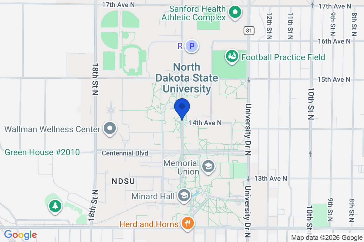 Map showing the location of North Dakota State University in Fargo, North Dakota