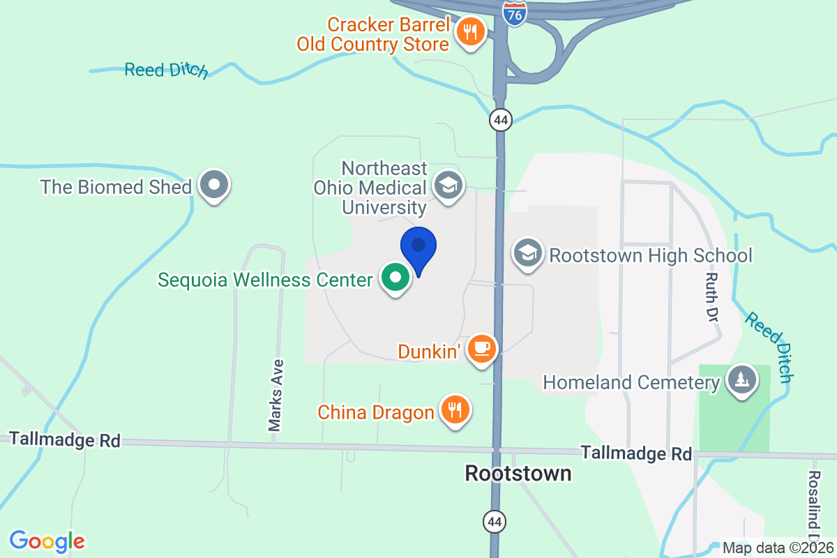 Map showing the location of Northeast Ohio Medical University (NEOMED) in Rootstown, Ohio