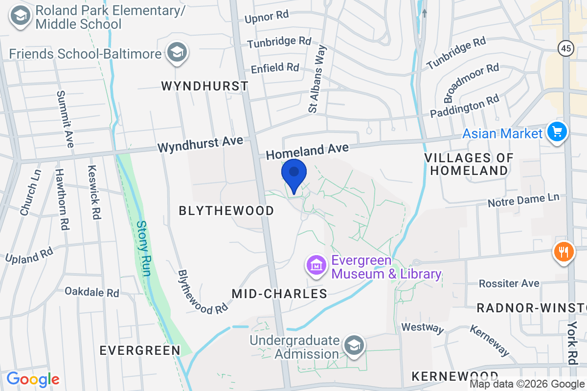 Map showing the location of Notre Dame of Maryland University in Baltimore, Maryland