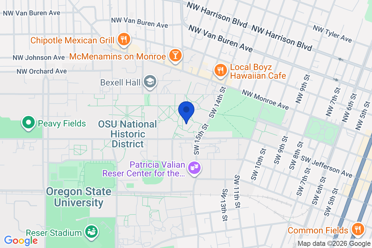 Map showing the location of Oregon State University in Corvallis, Oregon