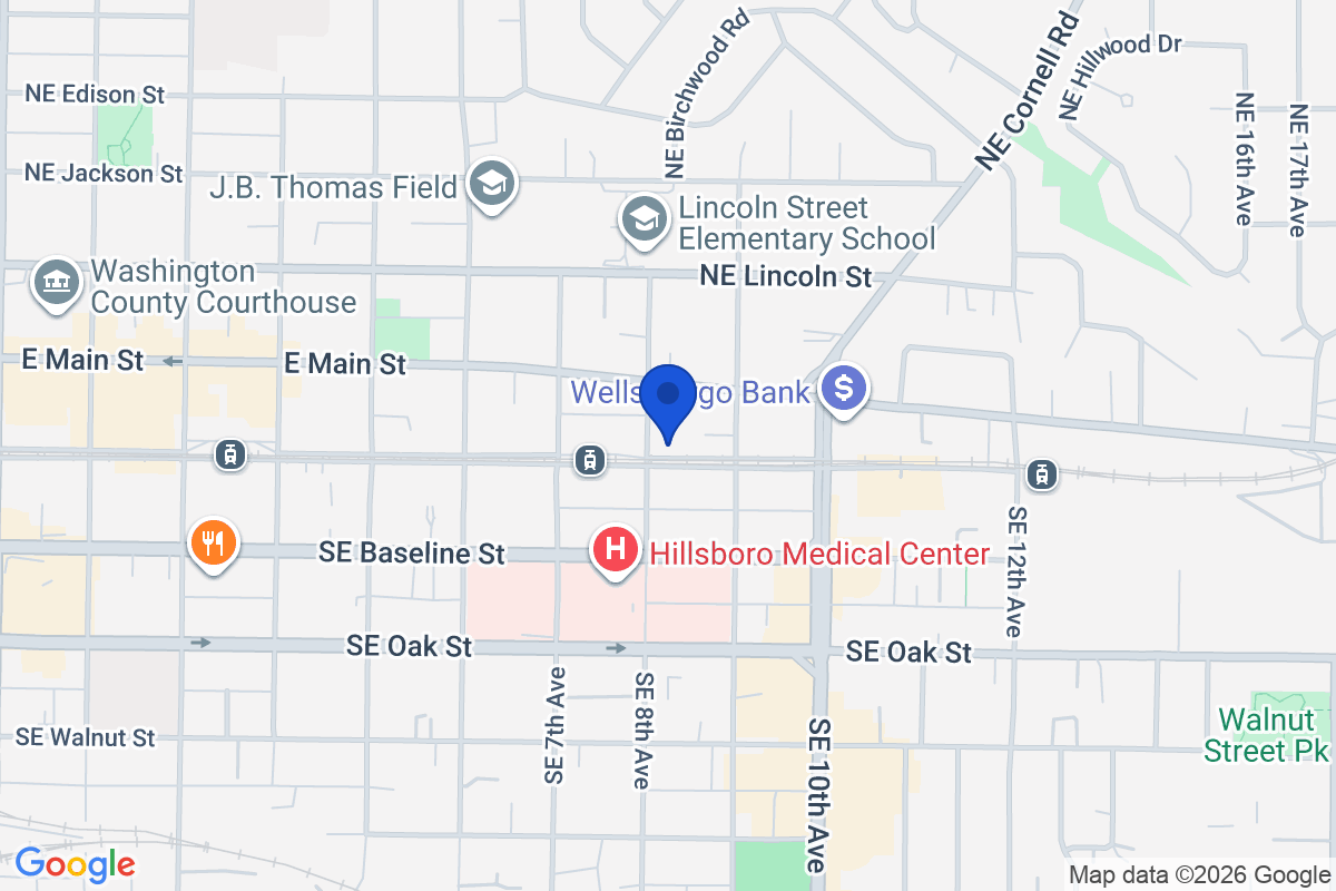 Map showing the location of Pacific University Oregon in Hillsboro, Oregon
