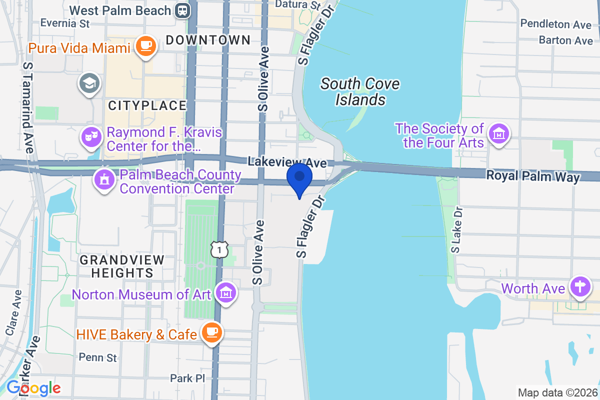 Map showing the location of Palm Beach Atlantic University in West Palm Beach, Florida