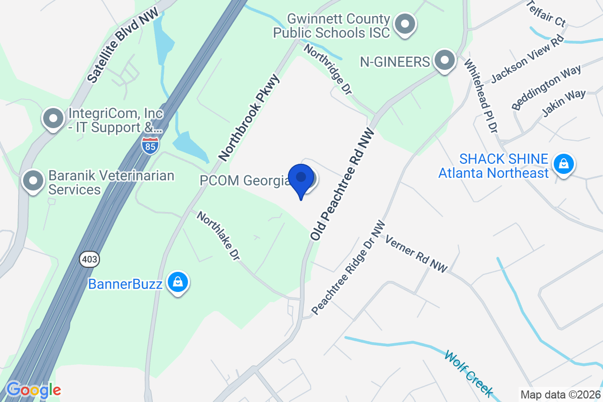 Map showing the location of Philadelphia College of Osteopathic Medicine – Georgia (PCOM – Georgia) in Suwanee, Georgia