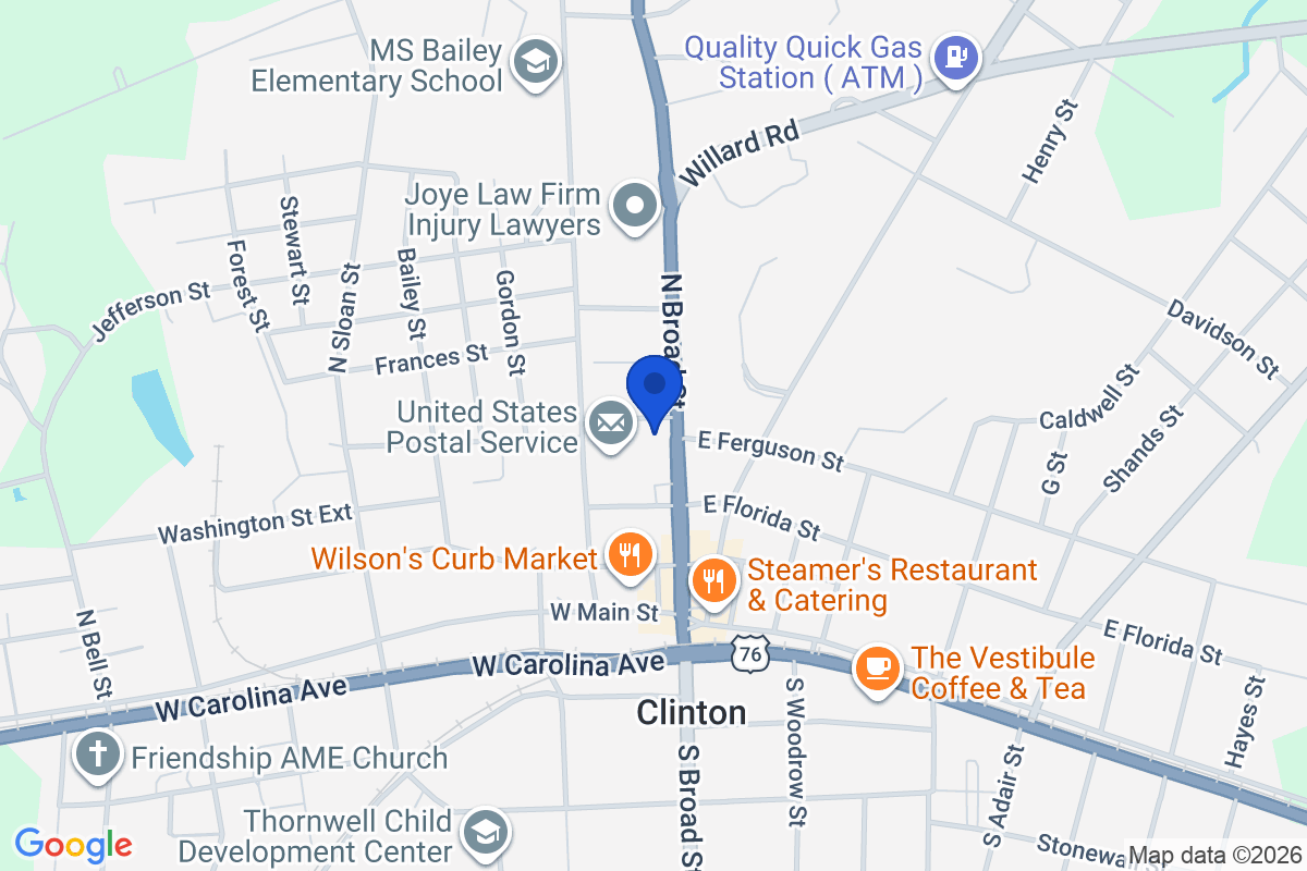 Map showing the location of Presbyterian College in Clinton, South Carolina