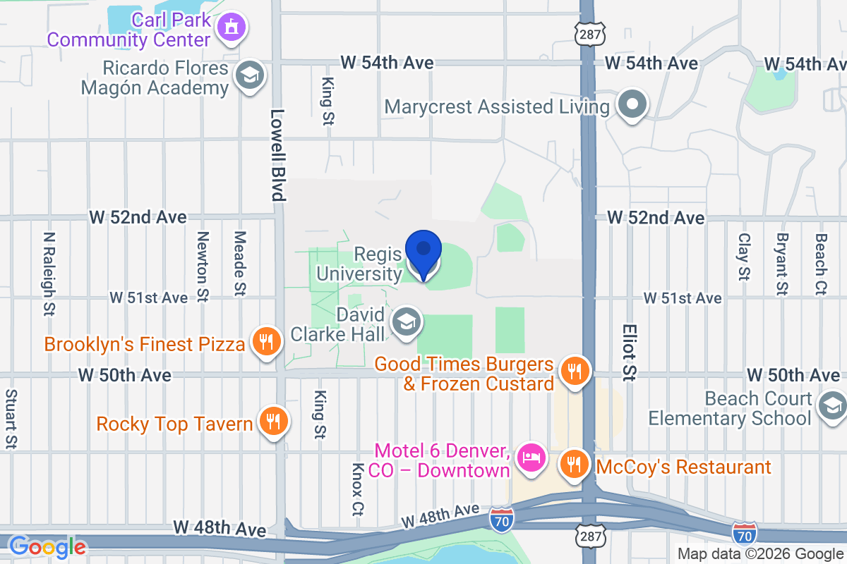 Map showing the location of Regis University School of Pharmacy in Denver, Colorado