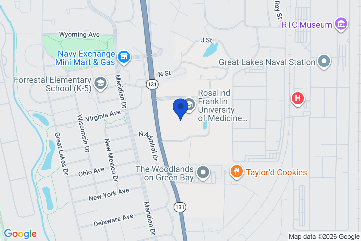 Map showing the location of Rosalind Franklin University of Medicine and Science in North Chicago, Illinois