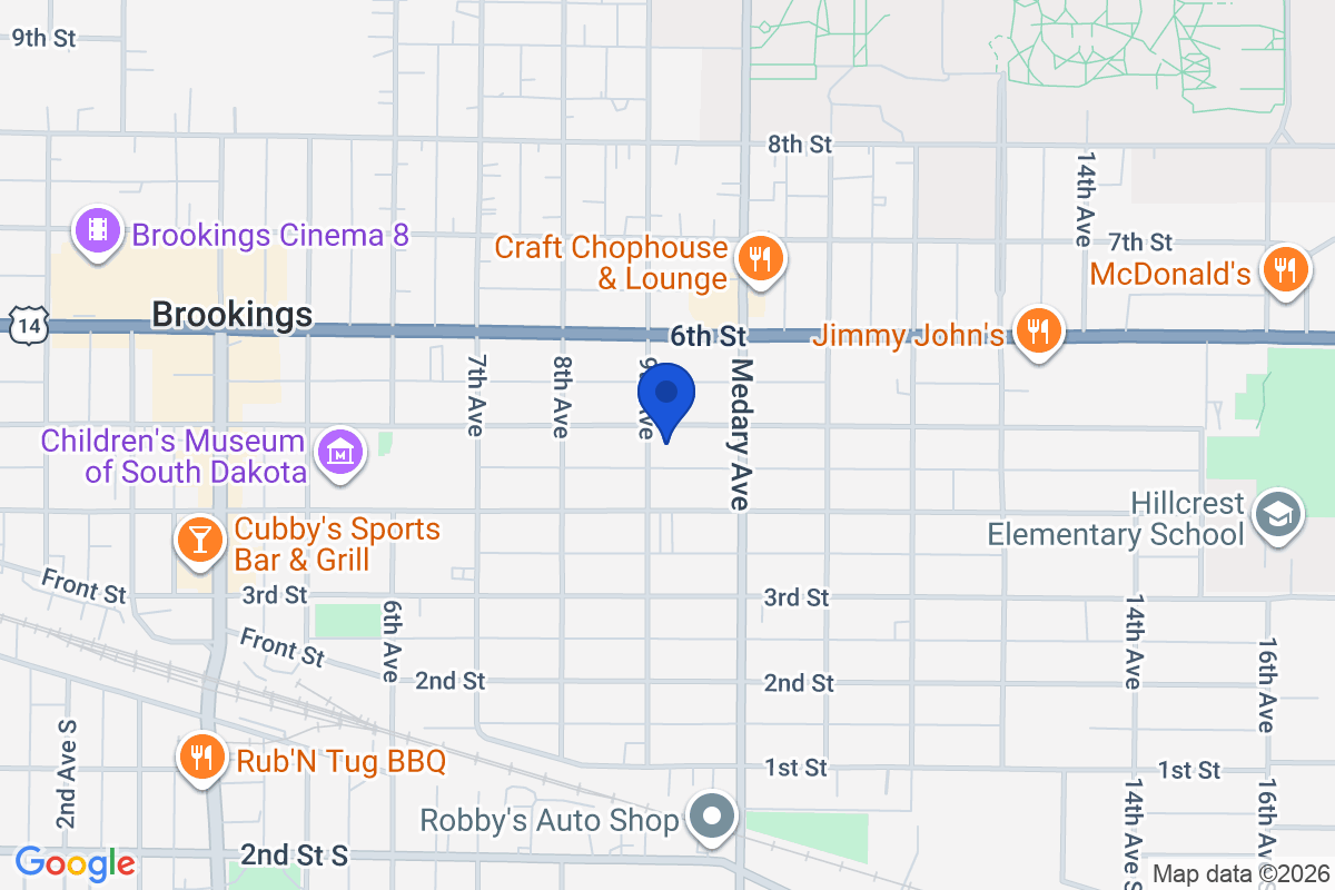 Map showing the location of South Dakota State University in Brookings, South Dakota