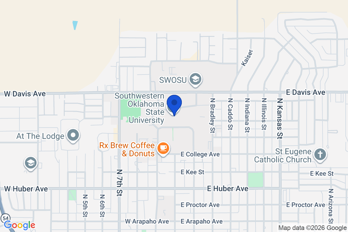 Map showing the location of Southwestern Oklahoma State University in Weatherford, Oklahoma