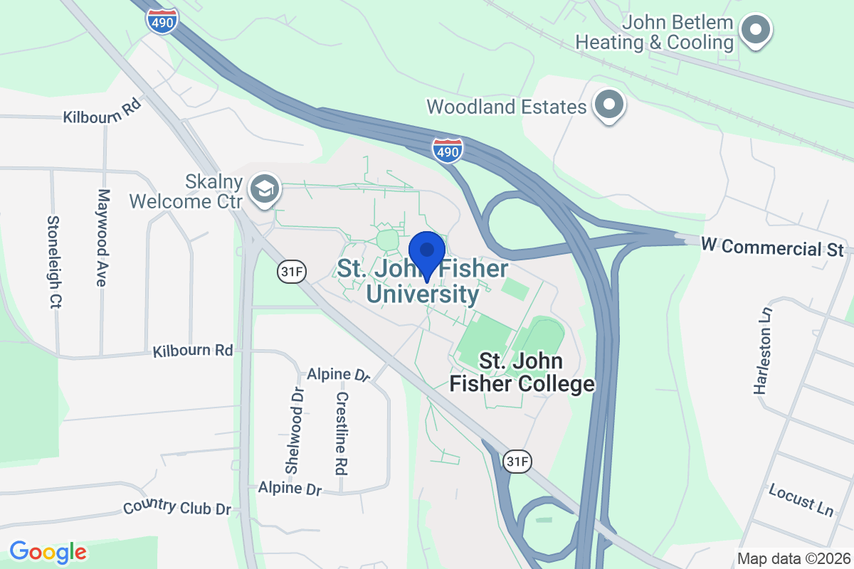 Map showing the location of St. John Fisher University in Rochester, New York