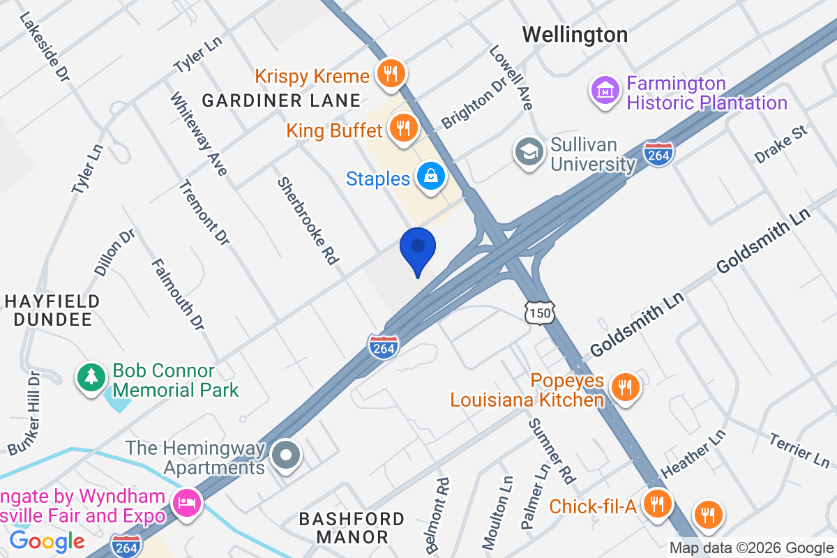 Map showing the location of Sullivan University in Louisville, Kentucky