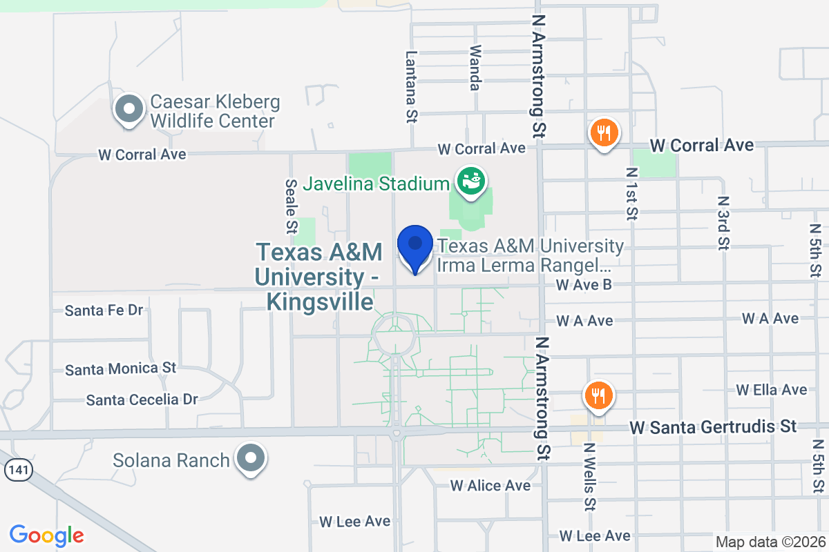 Map showing the location of Texas A&M University in Kingsville, Texas