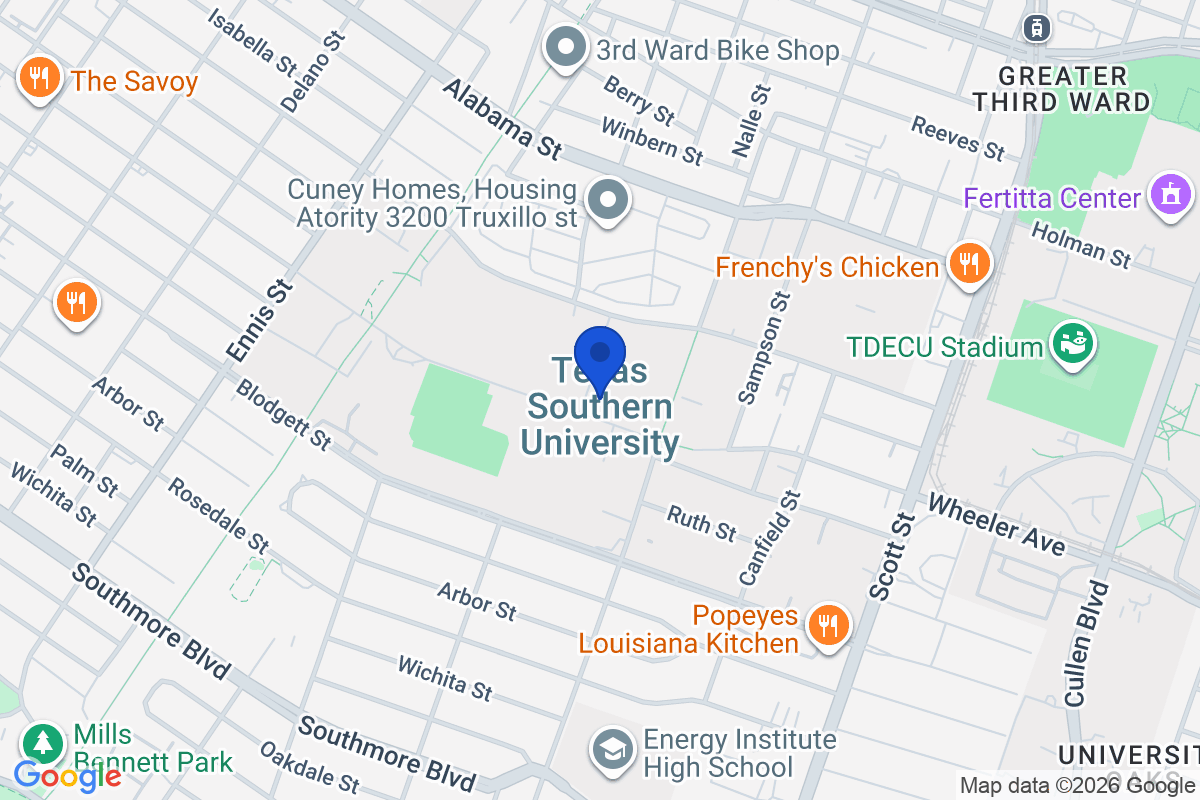Map showing the location of Texas Southern University in Houston, Texas