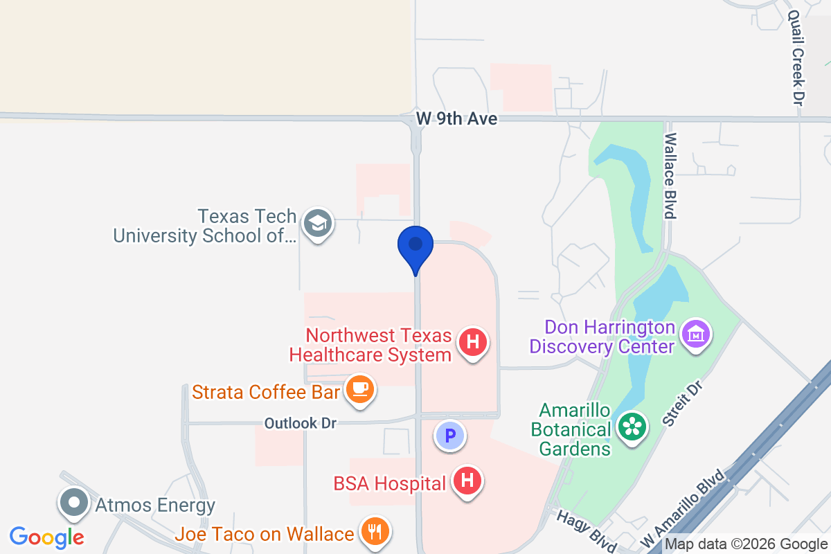 Map showing the location of Texas Tech University Health Sciences Center in Amarillo, Texas
