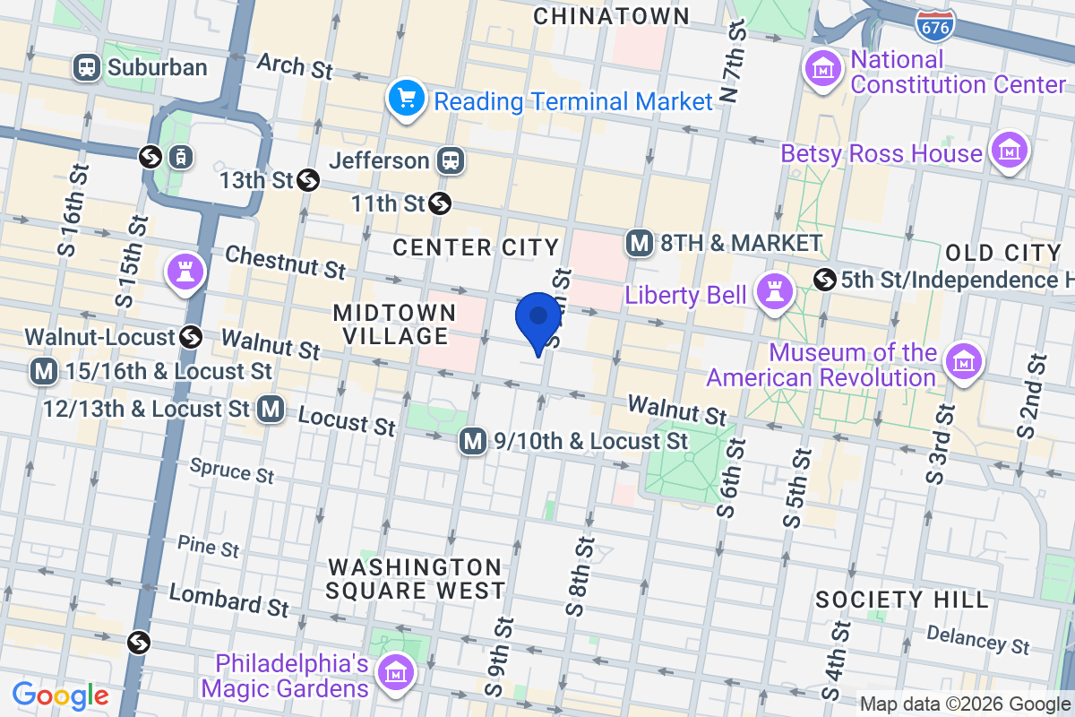 Map showing the location of Thomas Jefferson University in Philadelphia, Pennsylvania
