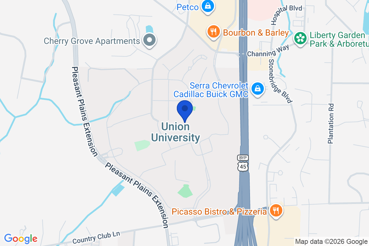 Map showing the location of Union University in Jackson, Tennessee