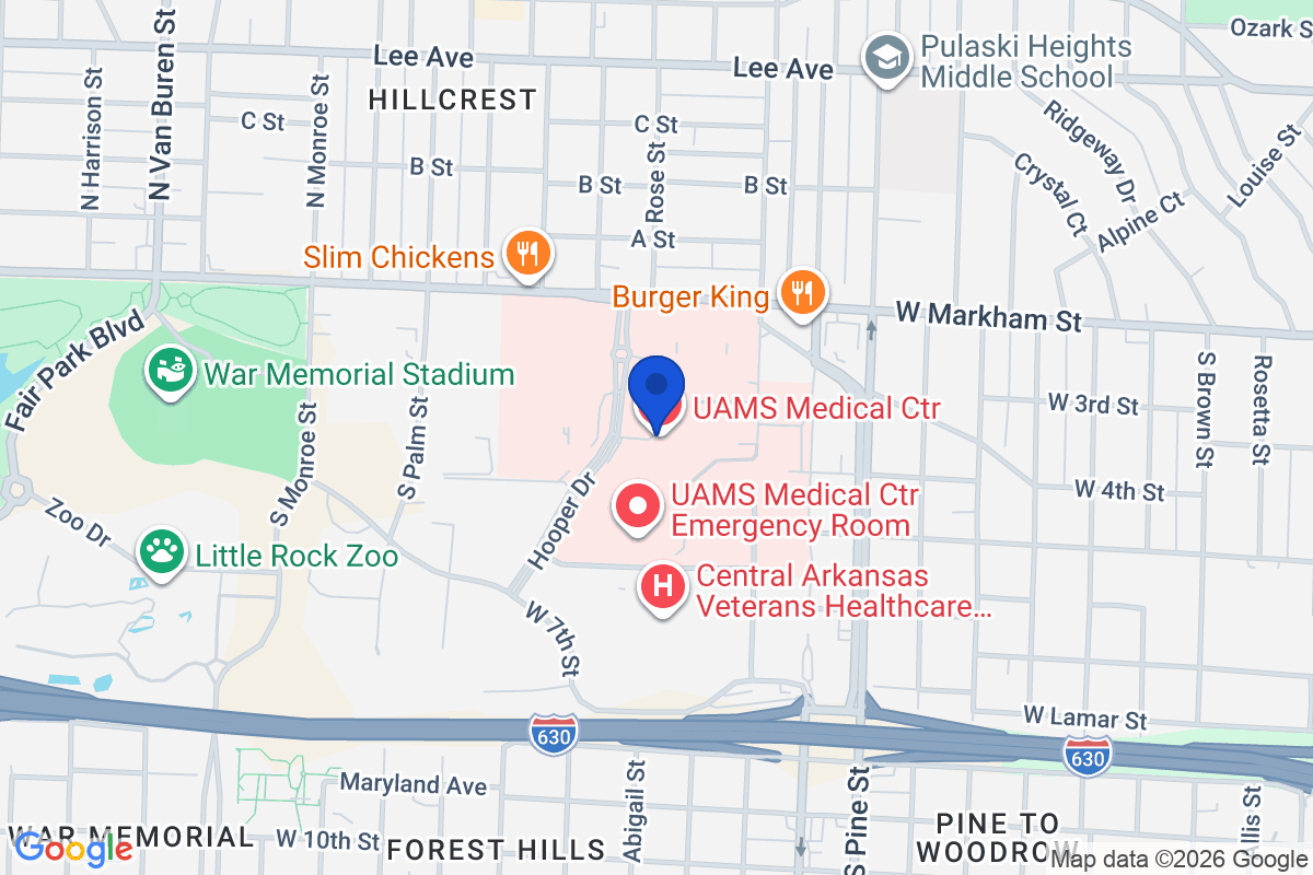 Map showing the location of University of Arkansas for Medical Sciences in Little Rock, Arkansas
