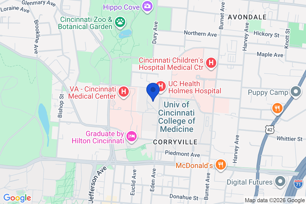Map showing the location of University of Cincinnati in Cincinnati, Ohio
