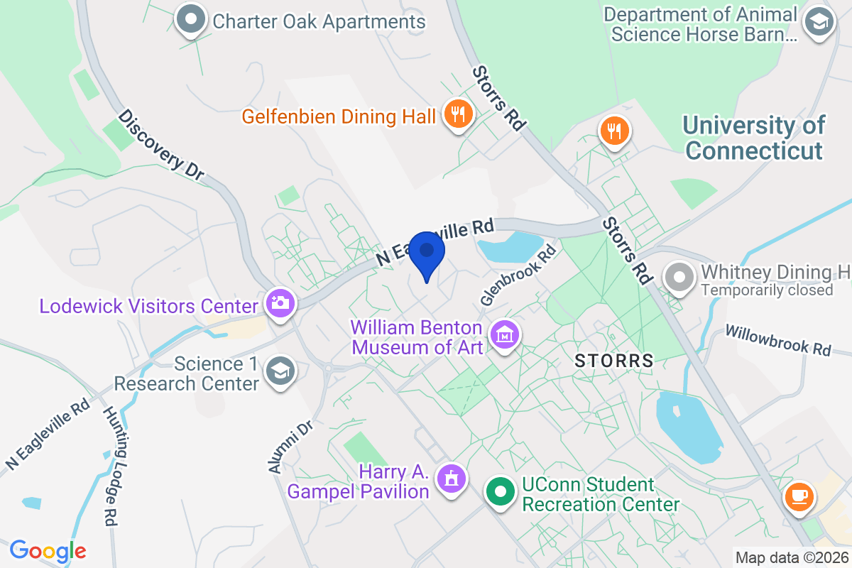 Map showing the location of University of Connecticut in Storrs, Connecticut