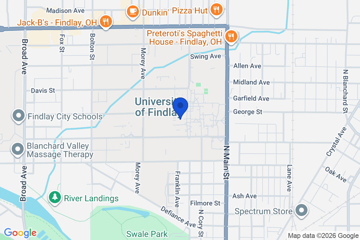 Map showing the location of University of Findlay in Findlay, Ohio
