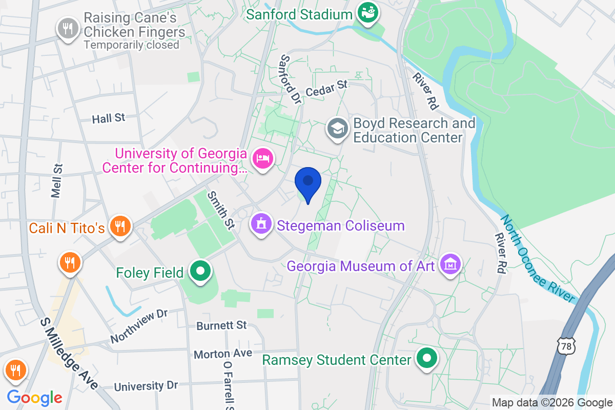 Map showing the location of University of Georgia in Athens, Georgia